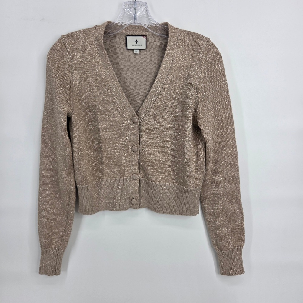 Tuckernuck Cardigan XS Gold Metallic Shimmer Glam Preppy Cropped Party